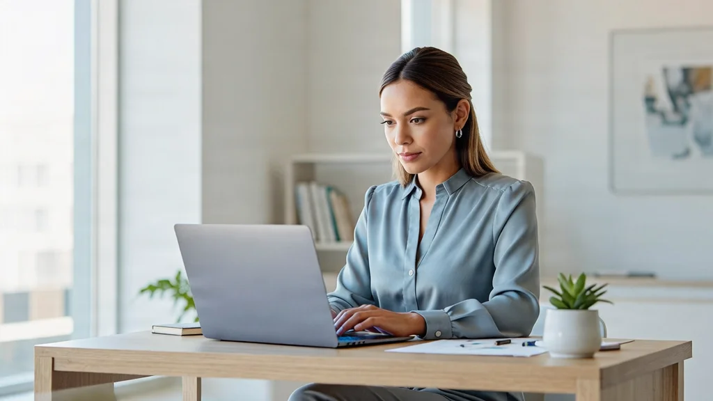 Raima, professional digital marketing freelancer working in a bright, modern corporate workspace